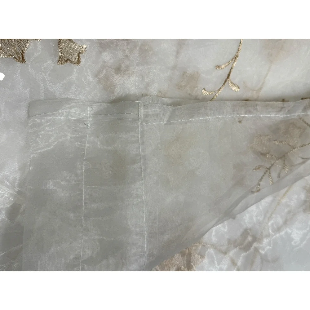 Single Embroidered Gossamer Net Curtain Panel w/ Attached Valance Gold Ivory